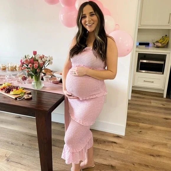 PinkBlush gingham smocked ruffle trim midi bodycon dress nwot - Picture 6 of 7